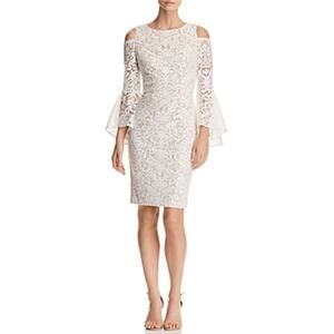AQUA White Lace Long Sleeve Cold Shoulder Midi Sheath Cocktail Dress Size 10